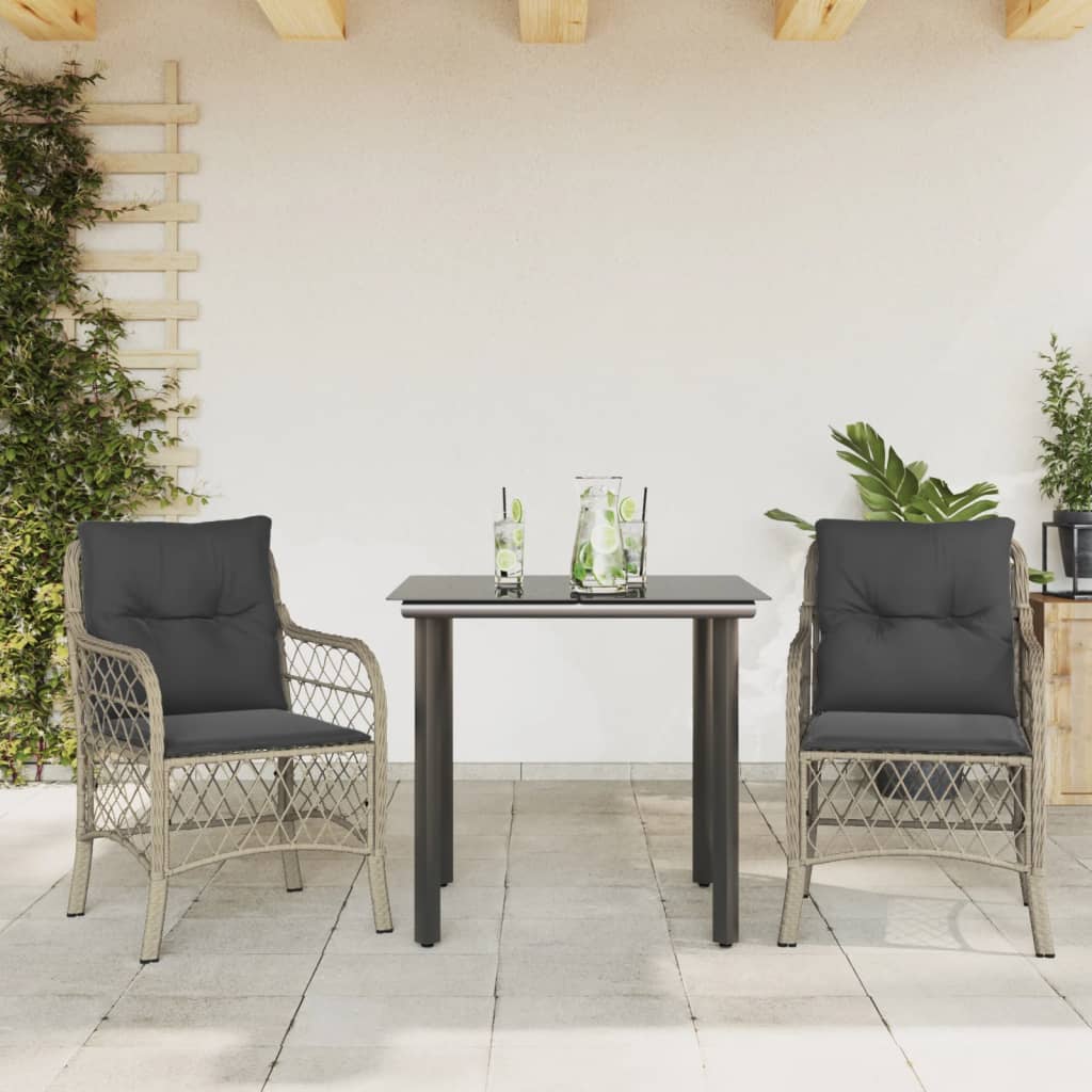 3-tlg. Bistro-Set mit Kissen Hellgrau Poly Rattan